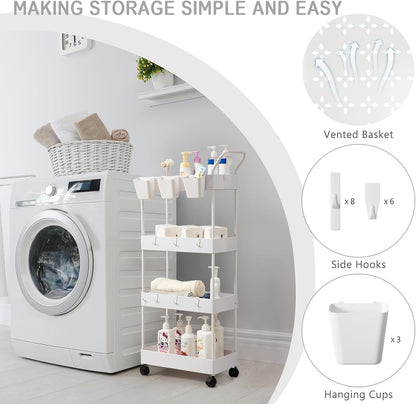 danpinera Storage Cart on Wheels, 3 Tier Slim Laundry with Wheels Bathroom Organizer with Hanging Cups Hooks Dividers Handle Mobile Rolling Art Cart for Bathroom Kitchen Narrow Places, White