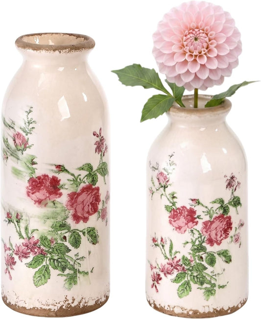 Covzoe Set of 2 Vintage Ceramic Small Vases, Rustic Farmhouse Flower Vase for Table Centerpiece, Mini Bud Vase Art Decor for Home Bookshelf Bedroom Living Room Office