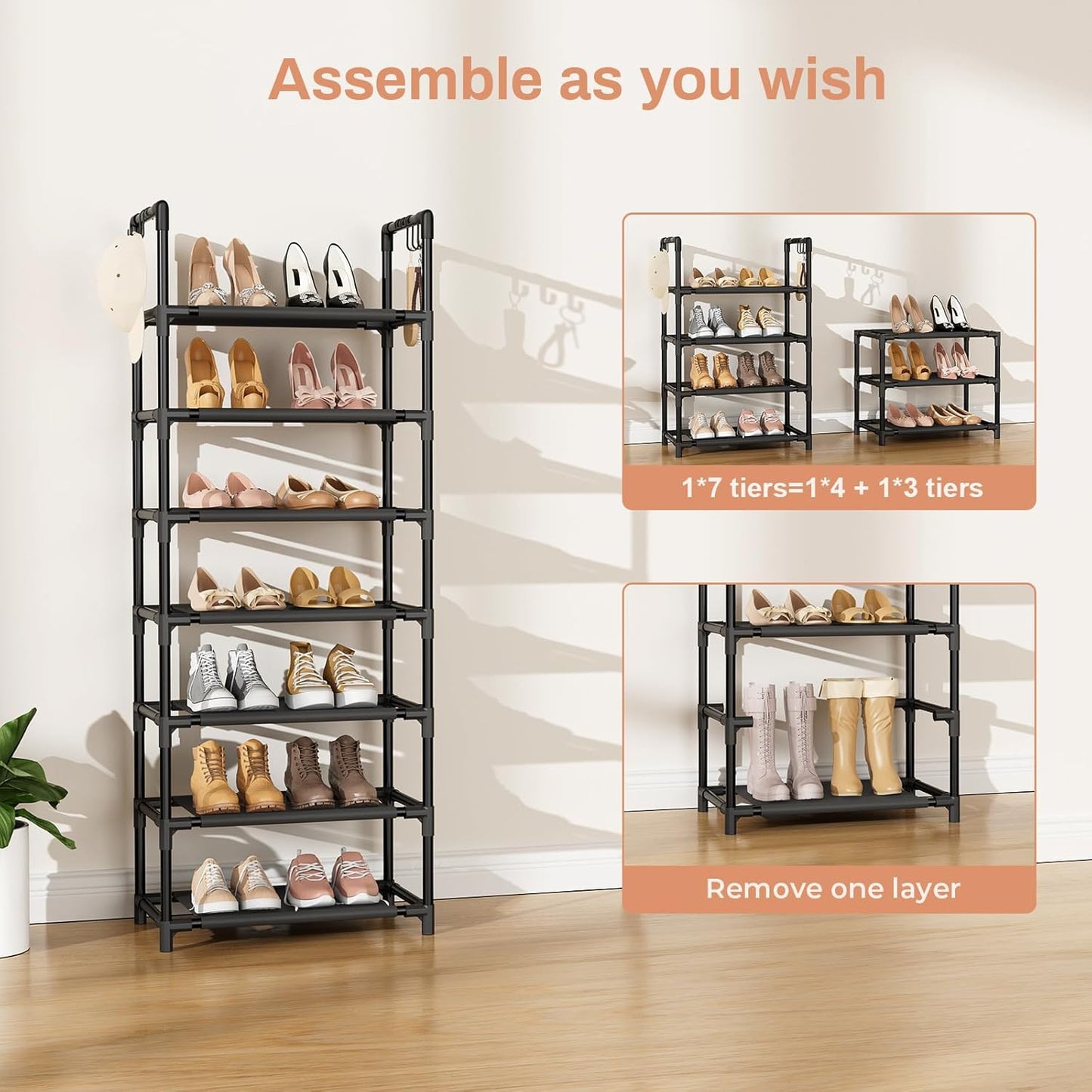 LANTEFUL 10 Tiers Tall Shoe Rack 20-25 Pairs Boots Organizer Storage Sturdy Narrow Shoe Shelf for Entryway, Closets with Hooks, Black
