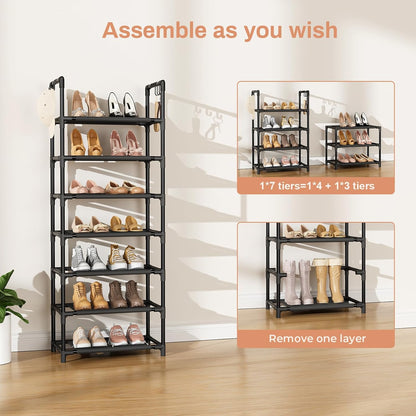 LANTEFUL 10 Tiers Tall Shoe Rack 20-25 Pairs Boots Organizer Storage Sturdy Narrow Shoe Shelf for Entryway, Closets with Hooks, Black