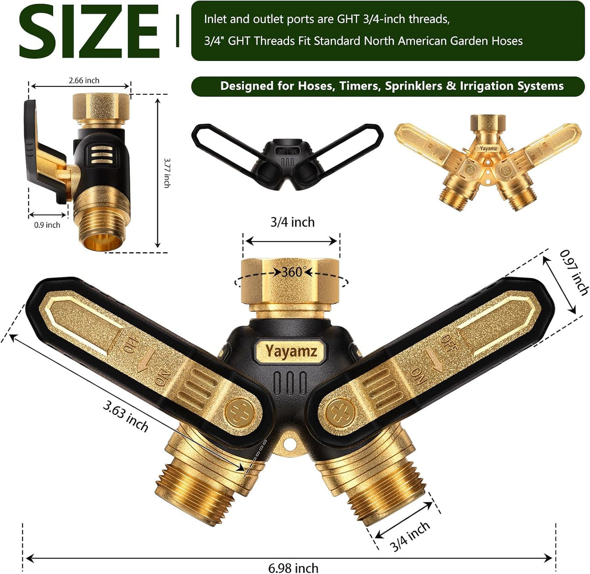 Garden Hose Splitter 2 Way,Heavy Duty All Metal Water Hose Y Splitter | Shut Off Valves,3.6" Easy-Turn Handles,Full Flow Leak-Resistant 3/4" GHT Outdoor Faucet Splitter for Lawn,Garden & Irrigation