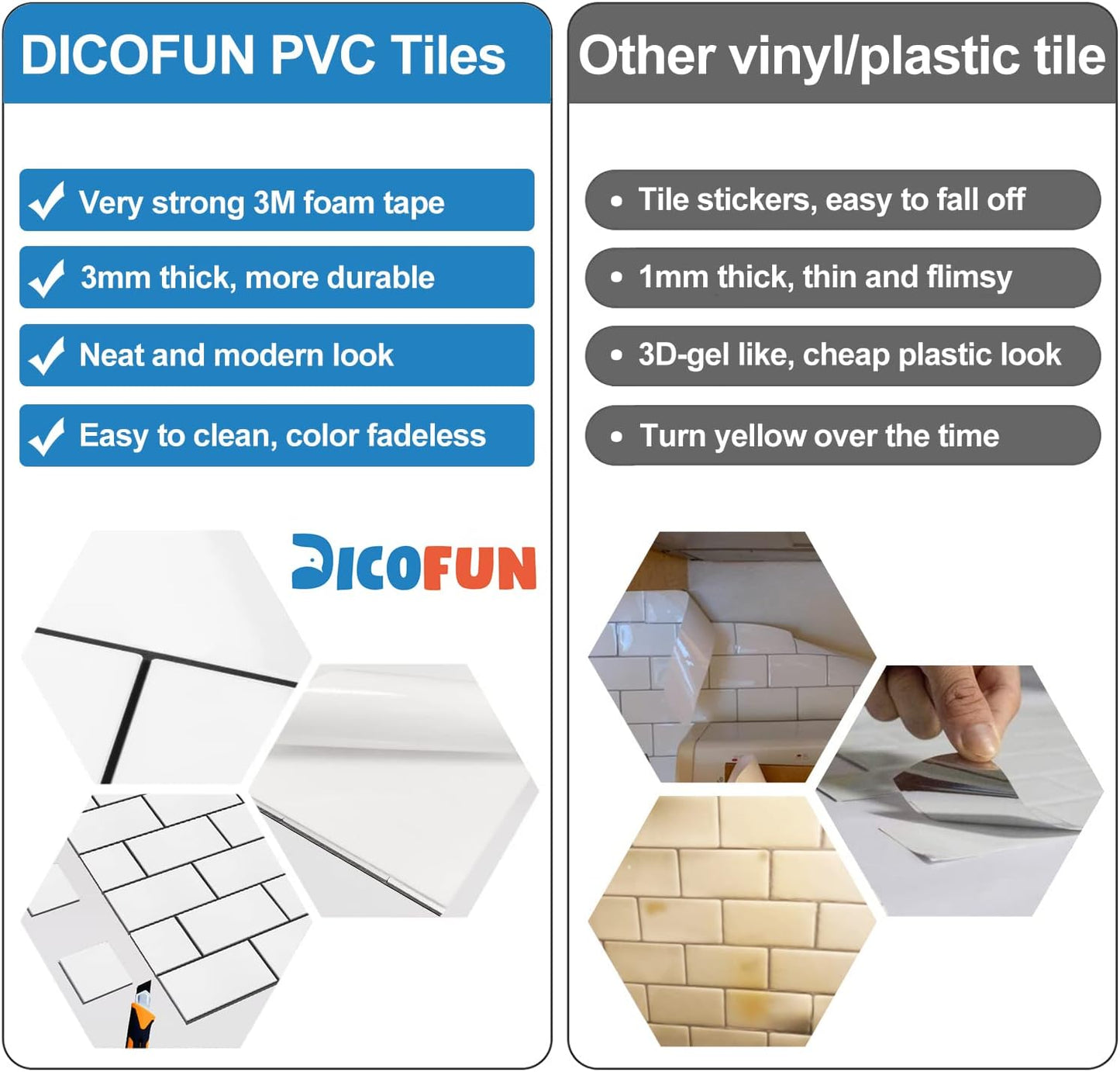 DICOFUN 10-Sheet Polished White Thick PVC Peel and Stick Backsplash, Ceramic Look Subway Tile White Kitchen Backsplash Peel and Stick Wall Tiles