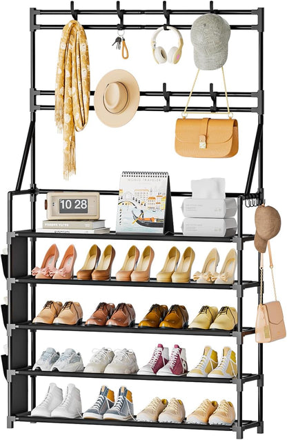 OYREL Shoe Rack, 5 Tier Shoes Storage Organizer, with Functional Hooks and Side Pocket, 20-25 Pairs, for Closet/Entrance/Entryway, Sneaker and Boot Stackable Free Standing Shoe Rack