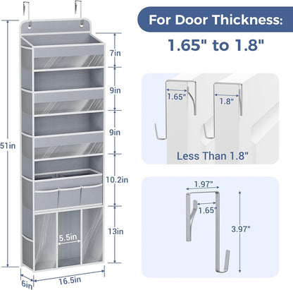 COOLBEBE 2-Pack over the Door Organizer, 5-Tier Hanging Storage with Clear Windows & Mesh Side Pockets, Heavy-Duty Nursery Closet Organizer for Baby Essentials, Bathroom, Bedroom, Grey