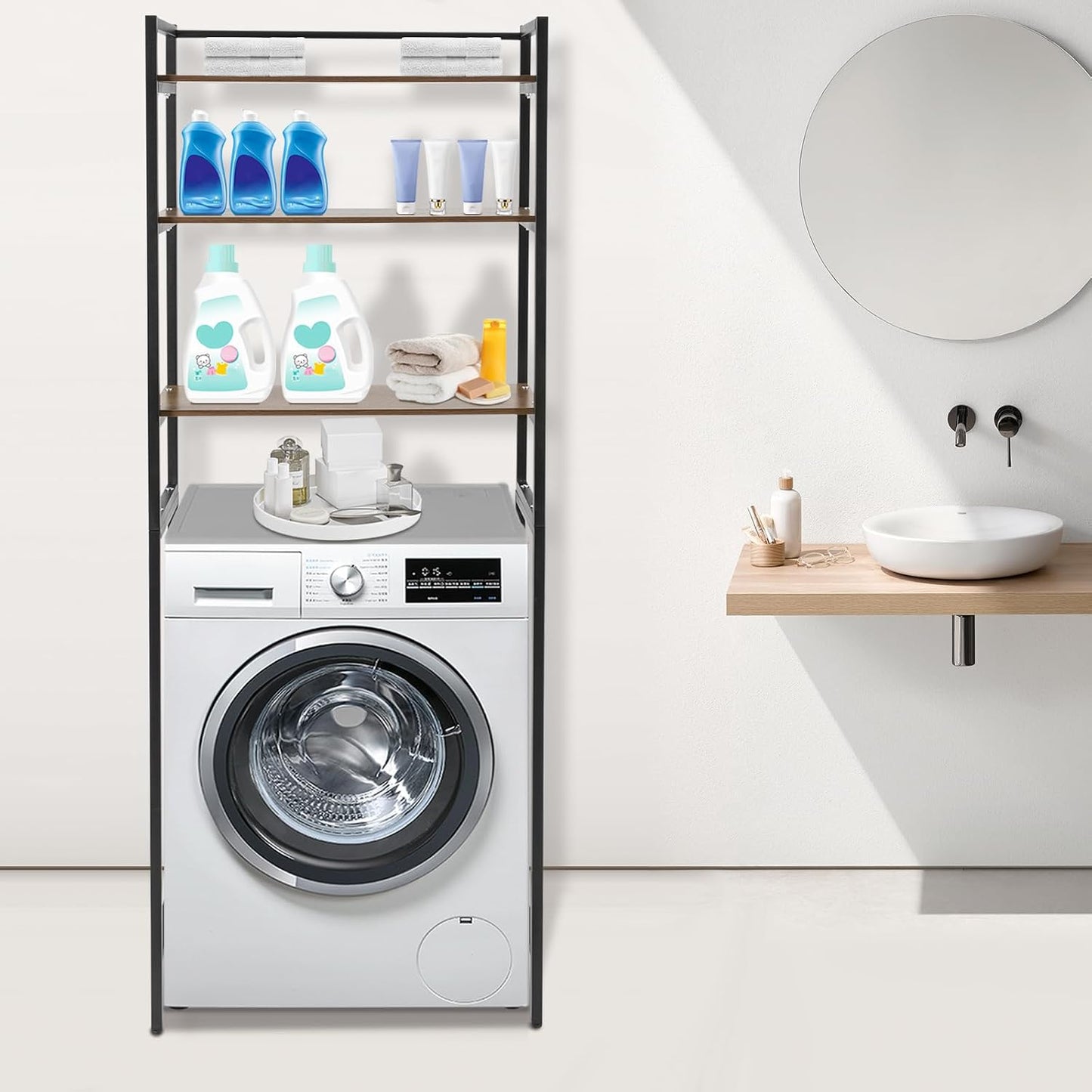 Over Washer and Dryer Storage Shelves, 3-Tier Freestanding Washing Machine Storage Rack with Adjustable Shelf for Laundry Room Bathroom Garage, W27.2*D11.8*H71.3in (White)