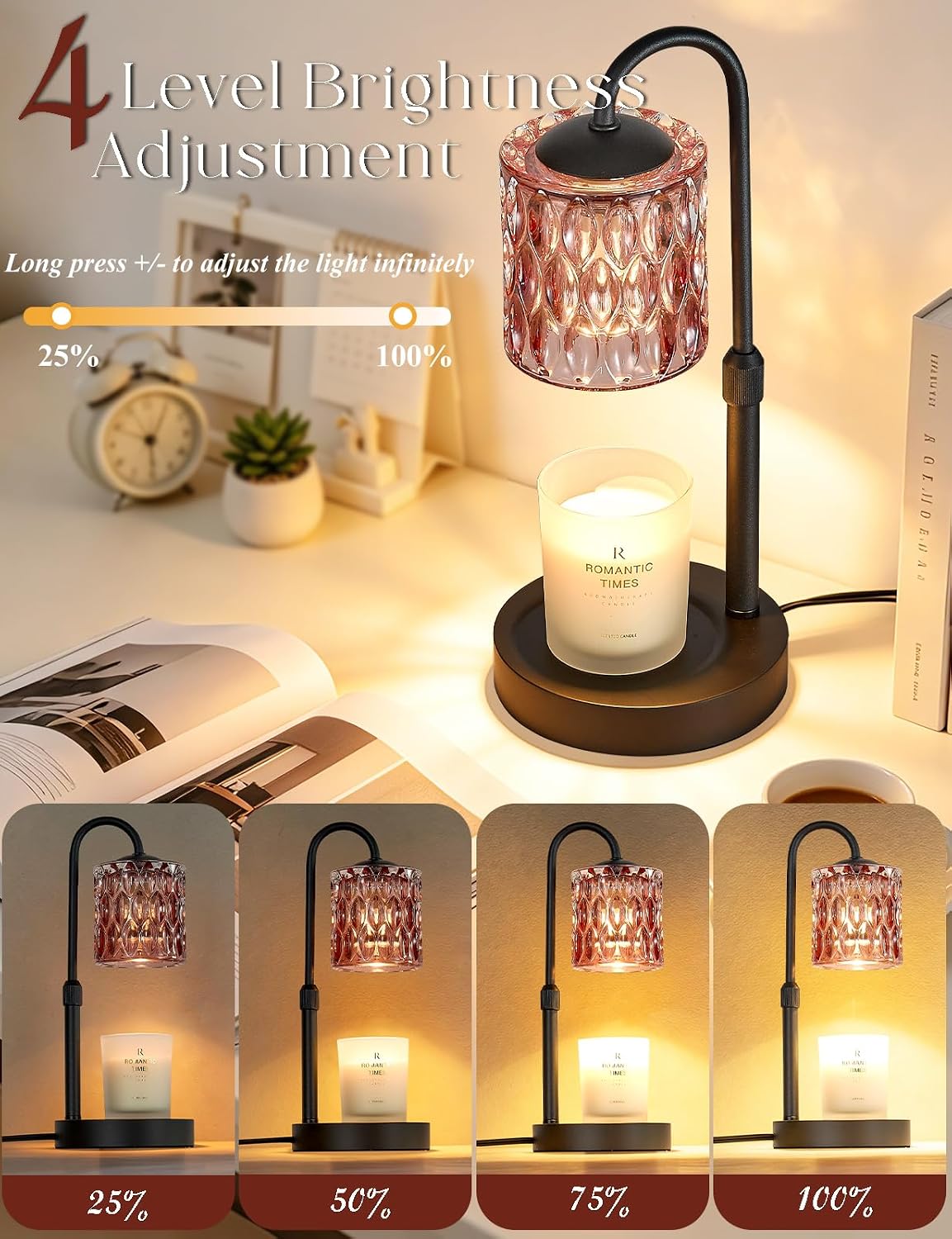 Briever Dimmable Candle Warmer Lamp with Timer, Height Adjustable Electric Candle Wax Warmer, Christmas Birthday Gifts for Women Mom, House Warming Gifts New Home Room Decor, Walnut Solid Wood Base