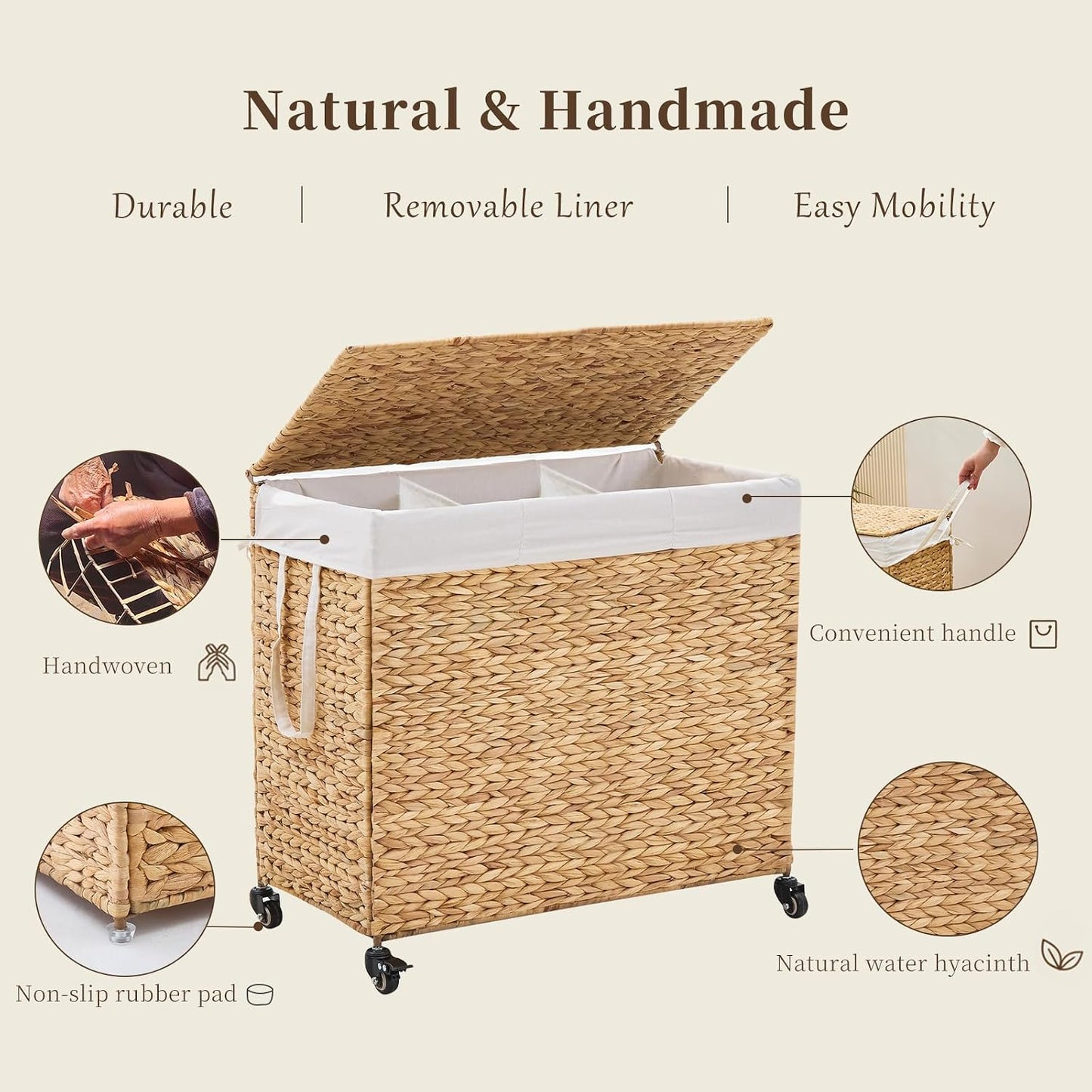 3-Section Laundry Hamper with Lid, Large Capacity Woven Natural Water Hyacinth Laundry Sorter with Removable Liners, Rolling or Non-Slip Design for Bedroom (Natural, 155L)