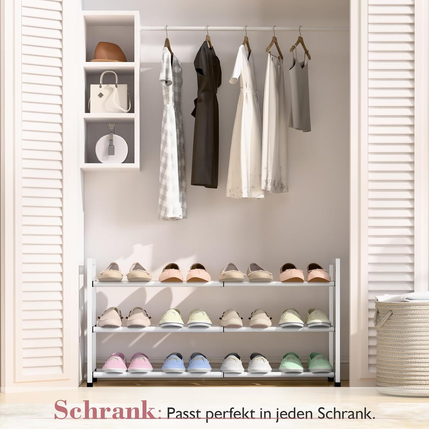Bumusty 3-Tier Expandable Shoe Rack for Closet, 18“-33” Adjustable Shoe Rack for Small Space, Small Shoe Organizer for Front Door, Sturdy Metal, Black