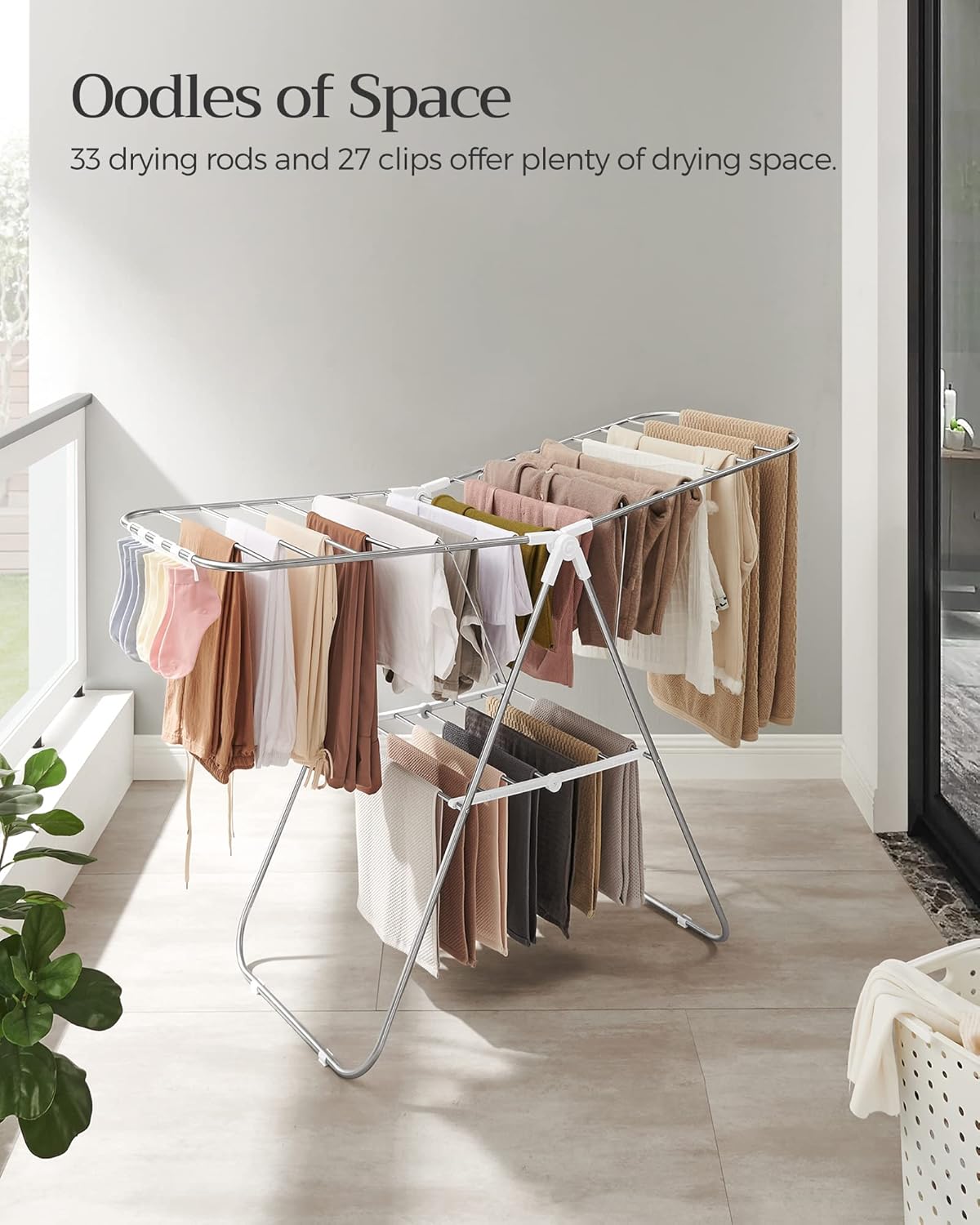 SONGMICS Clothes Drying Rack, with Sock Clips, Metal Laundry Rack, Foldable, Space-Saving, Free-Standing Airer, with 2 Height-Adjustable Gullwings, Indoor Outdoor Use, Gray ULLR052G01