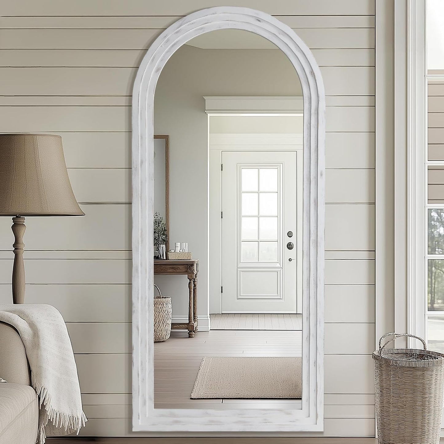 MELOMOIR Arched Full Length Mirror with Solid Wood Frame, 56"x21" Rustic Farmhouse Floor Mirror with Stand, Free Standing Leaning Hanging, for Bedroom Living Room Dressing Room Entryway, Brown