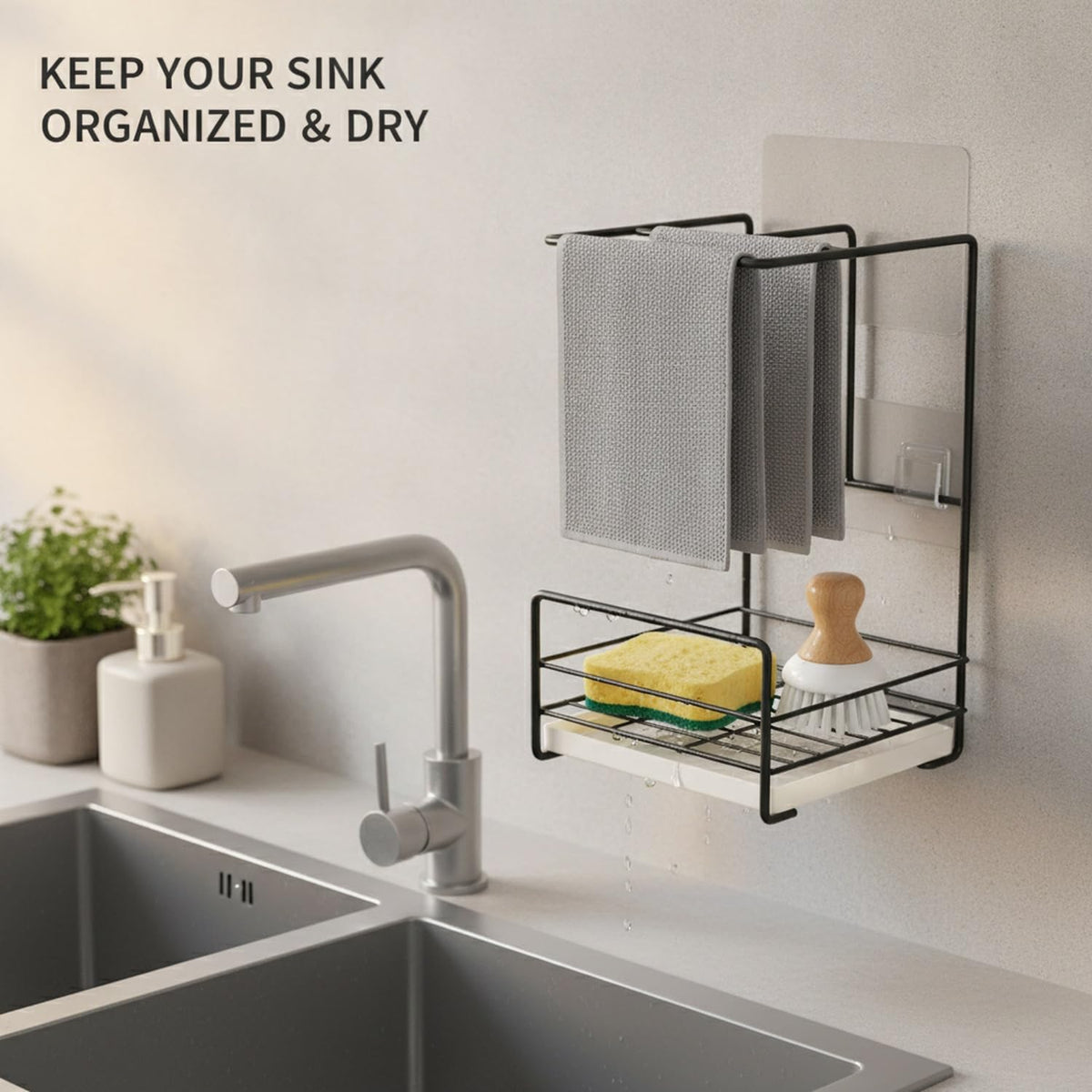 Wall-Mounted Kitchen Rag Rack, Carbon Steel Sponge & Cloth Holder for Sink Side Organization, Space-Saving Drying Rack (Black/White)