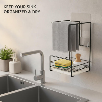 Wall-Mounted Kitchen Rag Rack, Carbon Steel Sponge & Cloth Holder for Sink Side Organization, Space-Saving Drying Rack (Black/White)
