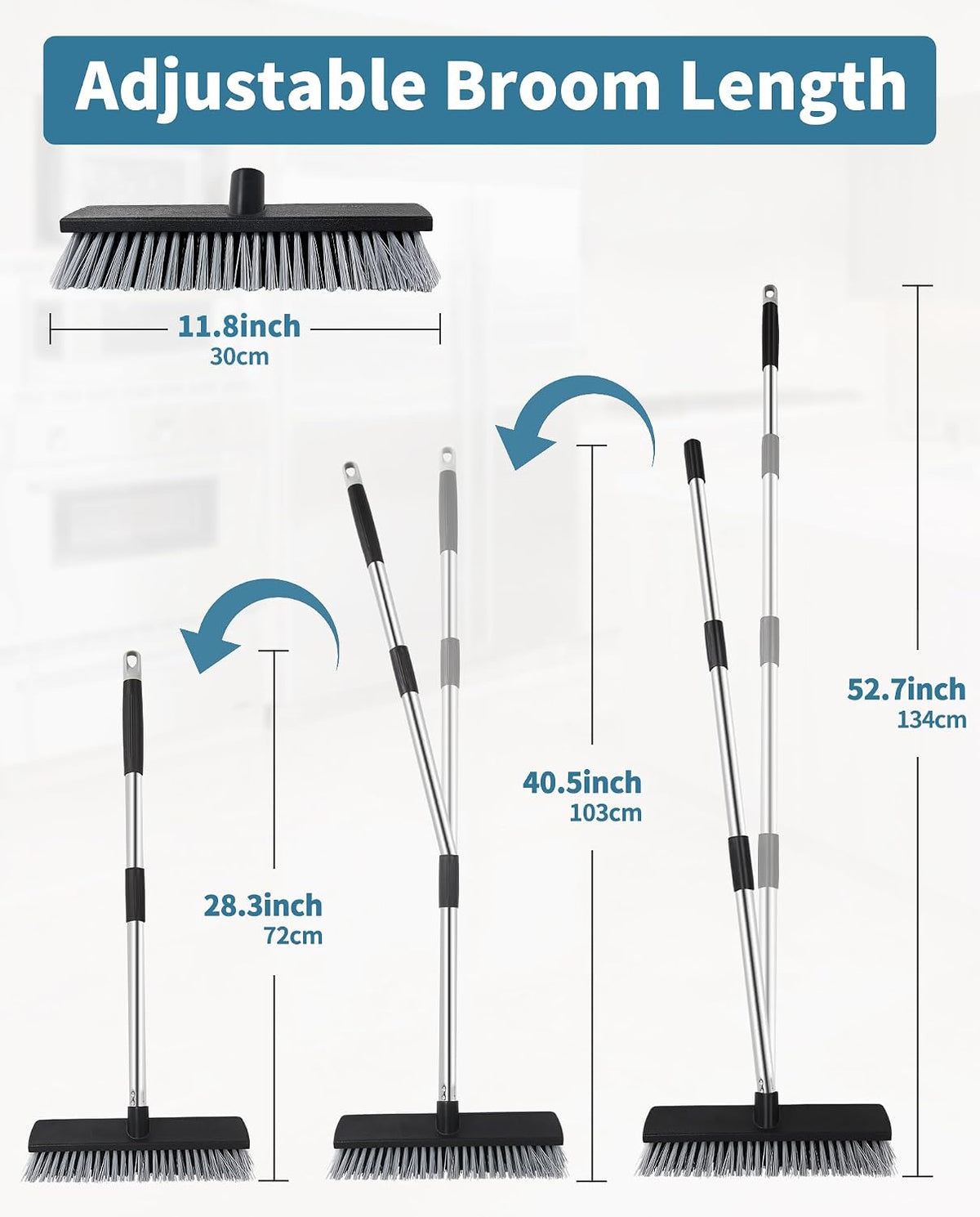 LandHope Hard Bristle Deck Broom Adjustable Long Handle Scrub Brush Heavy Duty Concrete Push Broom Outdoor Brush Garage Broom Wood Large Floor Scrubber 28-52 inch Balcony -Multi Segment Handle