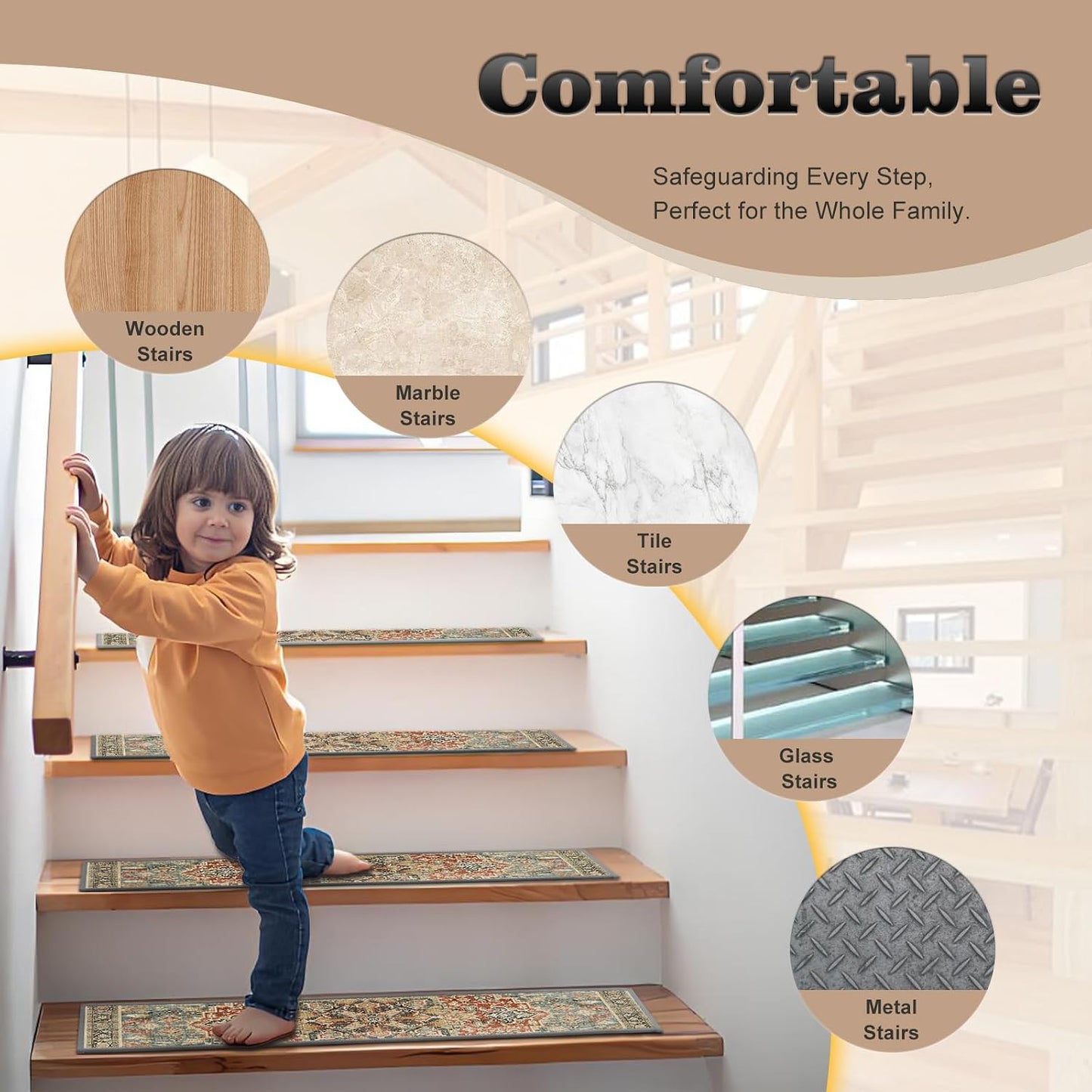 Non Slip Stair Treads for Wooden Steps, 15 Pack 8"x30" Washable Carpet | 8x30 in soft chenille polyester stair treads with reusable TPE backing for indoor wood stairs, dogs, kids, and seniors