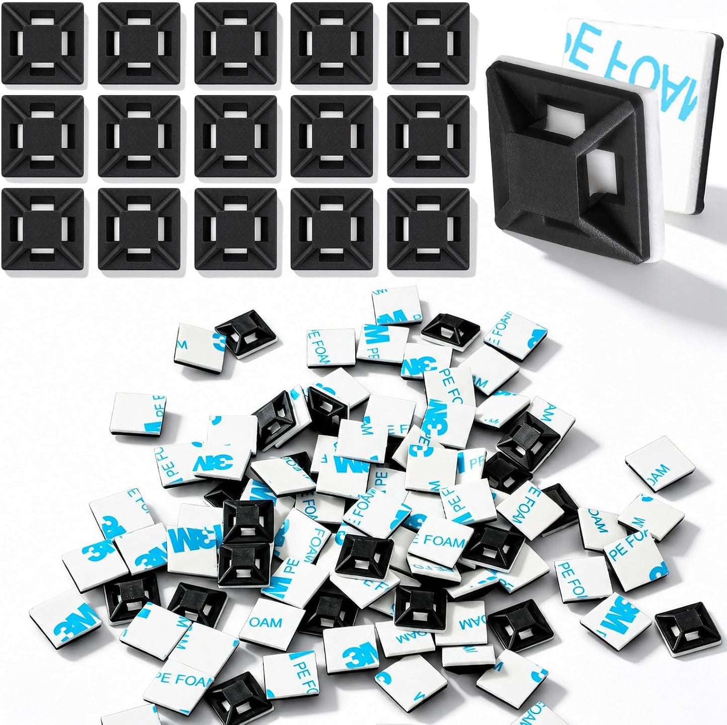 Reallnaive 300 Pcs 1/2" Black Self Adhesive Cable Zip Tie Mounts, Wire Cable Clips Holders Management Anchors Organizer Squares, Strong Adhesive Fasteners for Desk, Office & Home Cord Organizer