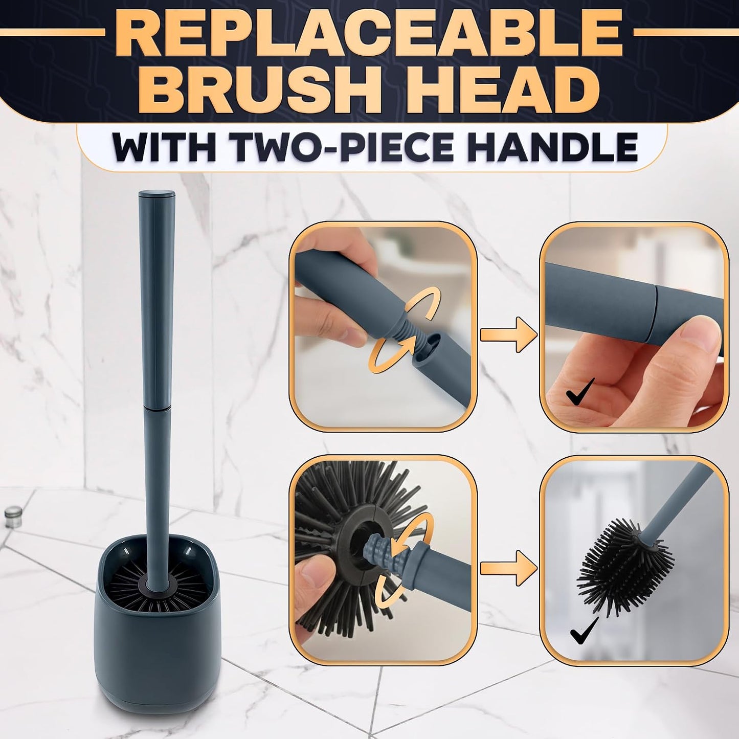 Silicone Toilet Brush and Holder Set - Cream RV Toilet Brush with Holder, Flexible Head, Soft Bristles, Detachable Handle and Freestanding Base, Compact Bathroom Cleaning Tool with Minimalistic Design