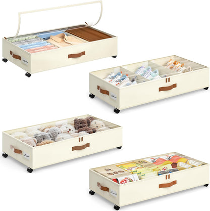 Yecaye Under Bed Storage with Wheels, 2 Pack Under Bed Storage Containers with Adjustable Dividers & Clear Lid, Rolling Underbed Organizer Bins Drawer for Clothes, Shoes, Blankets(30.3 x 16 x 6.7in)