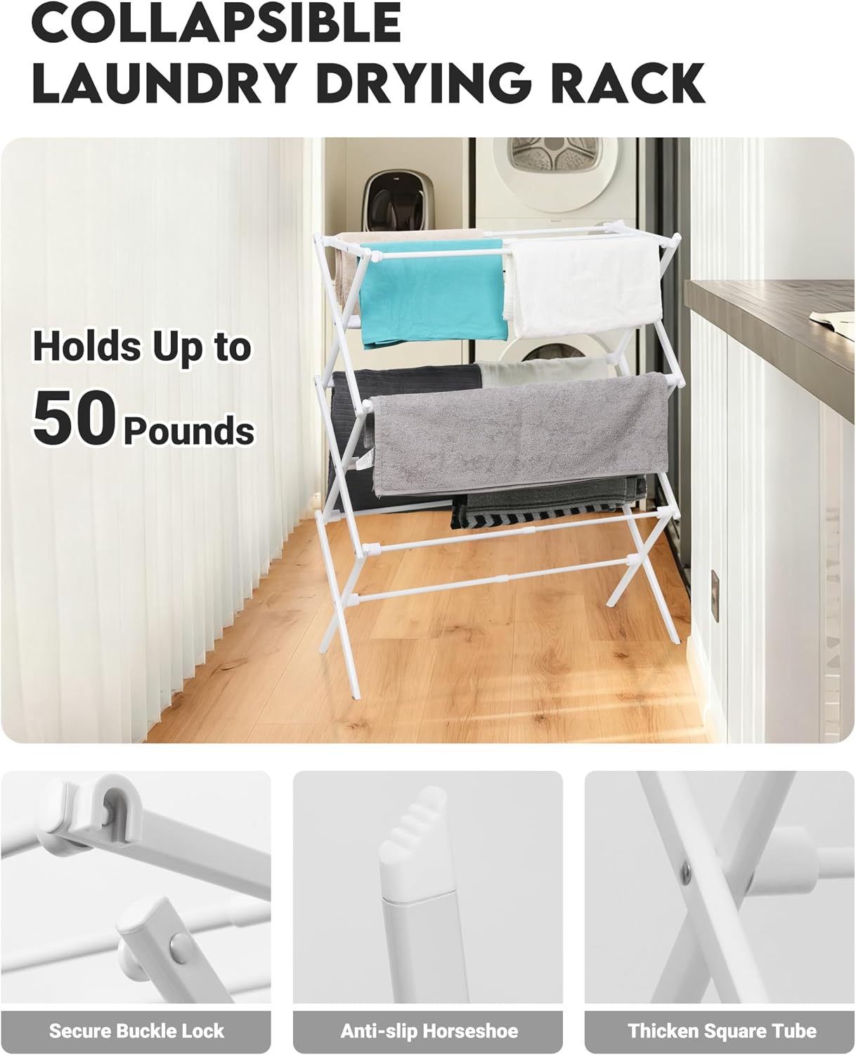 3-Tier Metal Folding Clothes Drying Rack, Laundry Drying Rack Clothing | Collapsible Dryer Racks for Laundry | Indoor & Outdoor,Black