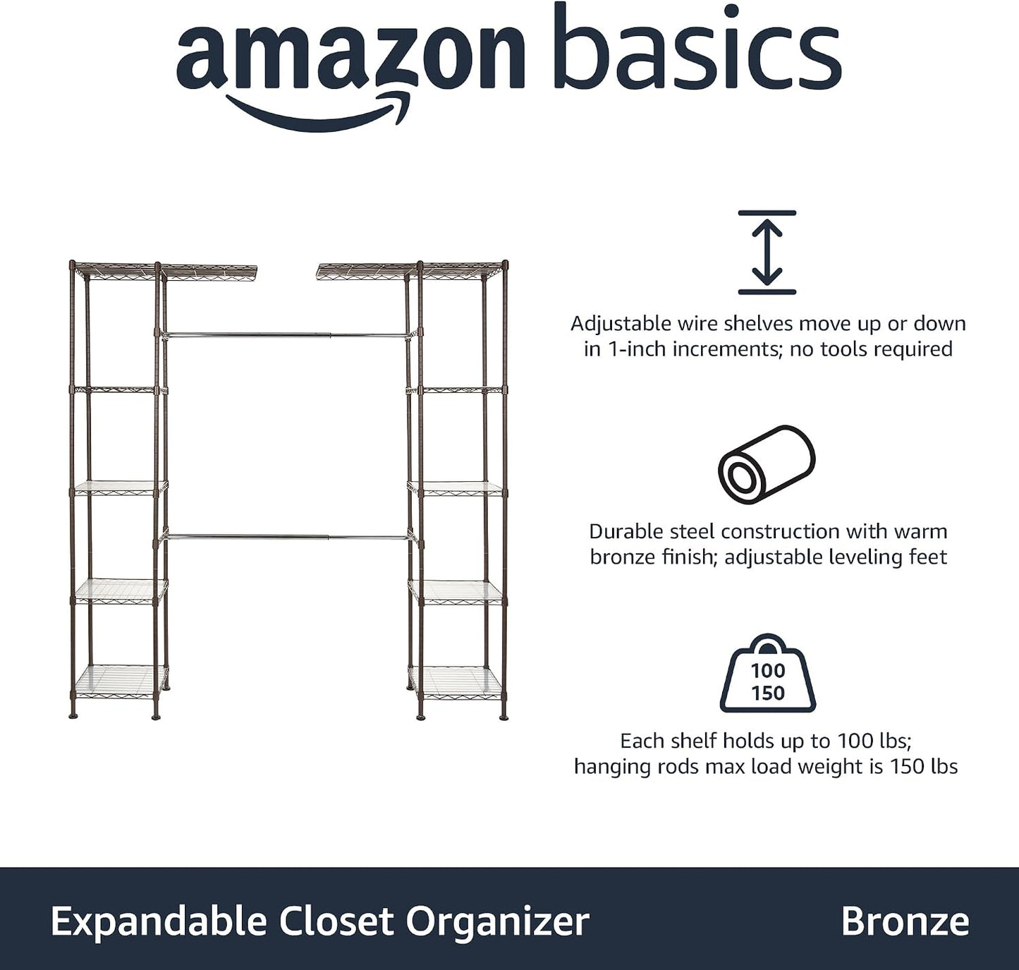 Amazon Basics Expandable Metal Hanging Closet Organizer System with Storage Shelves, Adjustable, Easy to Assemble, 57-80"L x 14"W x 72"H, Black
