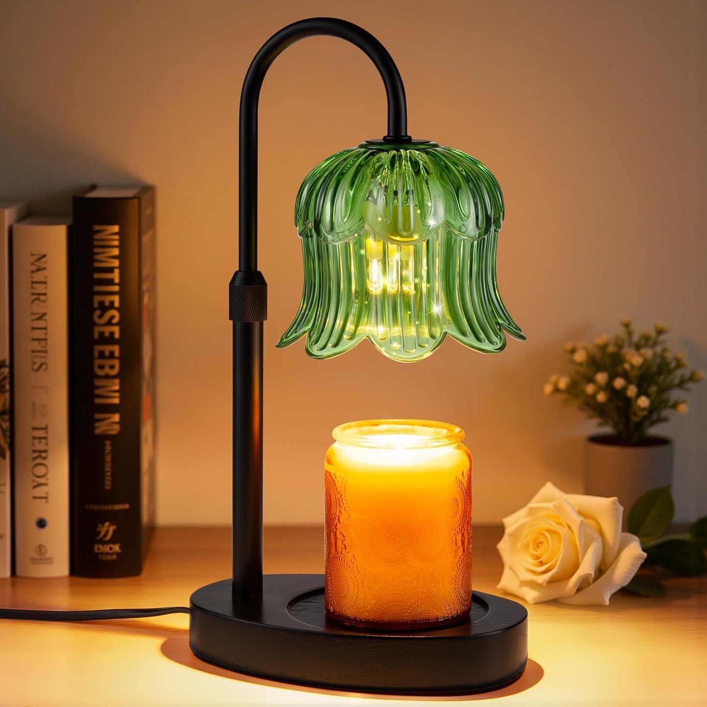 Candle Warmer Lamp Adjustable Timer - Electric Flower Glass Candles Warmers Adjustable Height Dimmable Vintage Base Modern Wax Candles Top Warmers for Small Jar Scented Wax Melts