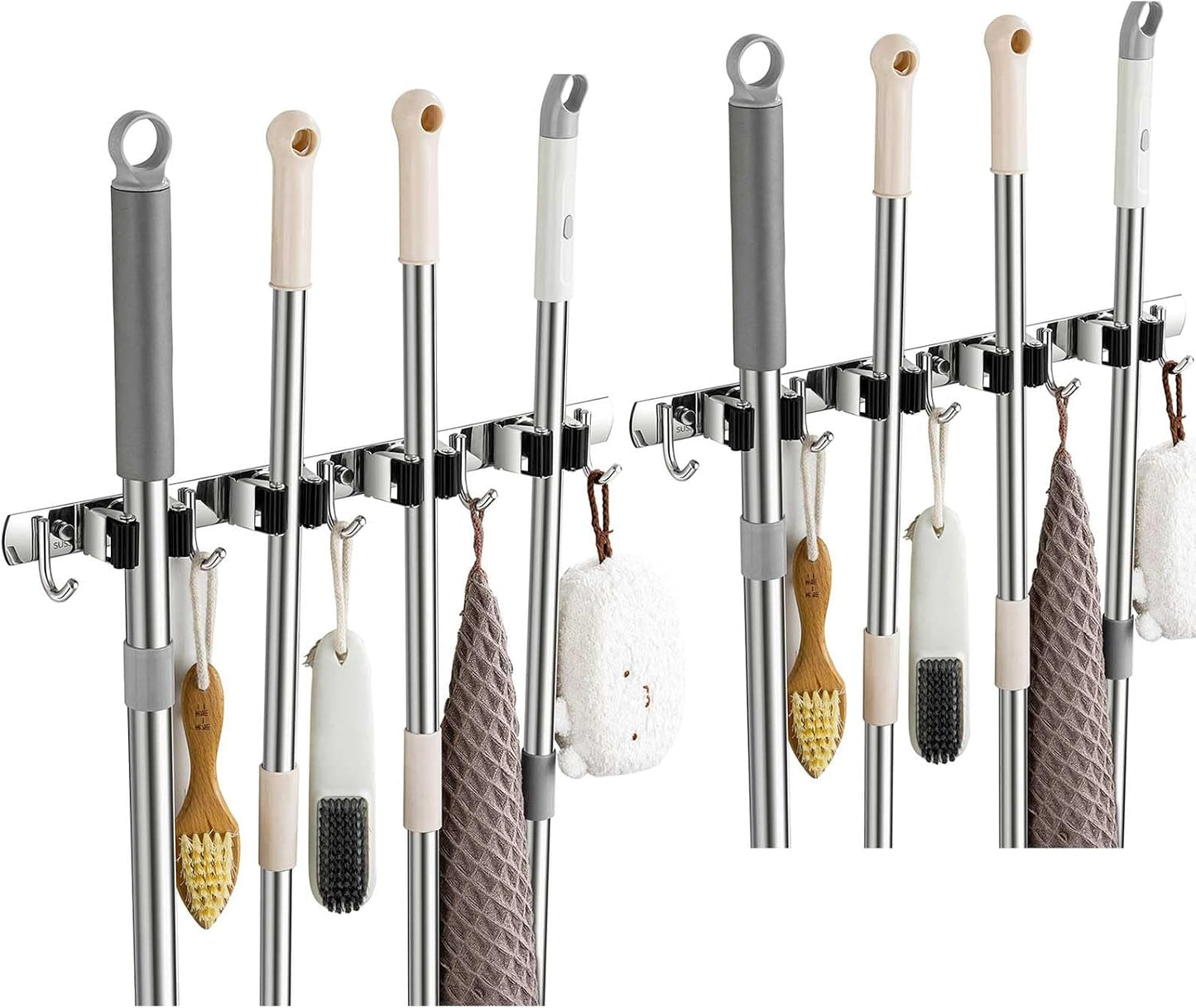 Broom Holder Wall Mount, Stainless Steel Broom Hanger Wall Mount, Heavy Duty Mop and Broom Holder Tool Racks Utility Hooks for Laundry Room Garden Garage, Black (4 Racks and 5 Hooks)