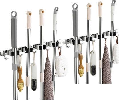 Broom Holder Wall Mount, Stainless Steel Broom Hanger Wall Mount, Heavy Duty Mop and Broom Holder Tool Racks Utility Hooks for Laundry Room Garden Garage, Black (4 Racks and 5 Hooks)