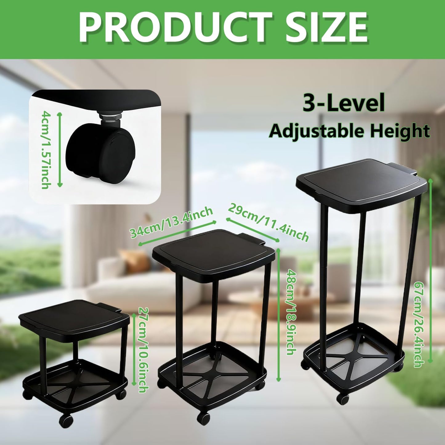 Collapsible13 Gallon Trash Bag Holder Height Adjustable (3 levels) Portable Trash Bag Holder with Lid, Stand with 4-Wheels Plastic Outdoor Trash Can Suitable Kitchen Garbage Can for Outside Indoor