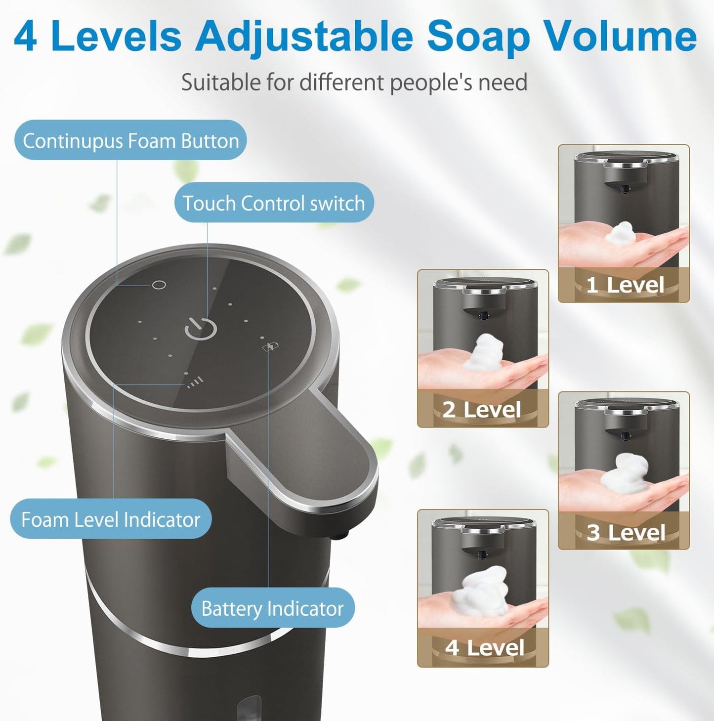 Automatic Foaming Soap Dispenser,4-Level Adjustable Foam, Wall Mount,USB Rechargeable,12.8oz/ 380ml,Touchless Hand & Dish Soap Dispenser for Bathroom, Kitchen,Hotel, Restaurant
