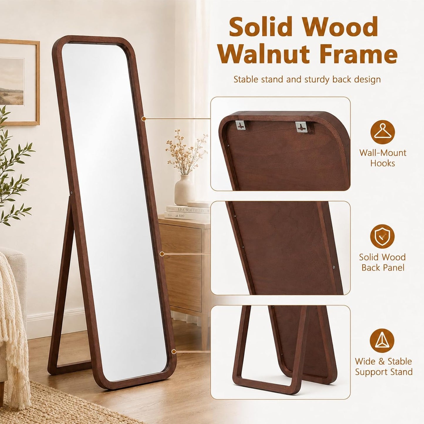 Anwick Full Length Floor Mirror Wood Frame Standing Mirror Walnut 63 in | Solid Wood Frame, Clear Float Glass, Adjustable Stand or Wall Mount, Rounded Walnut Finish for Bedroom or Dressing Room