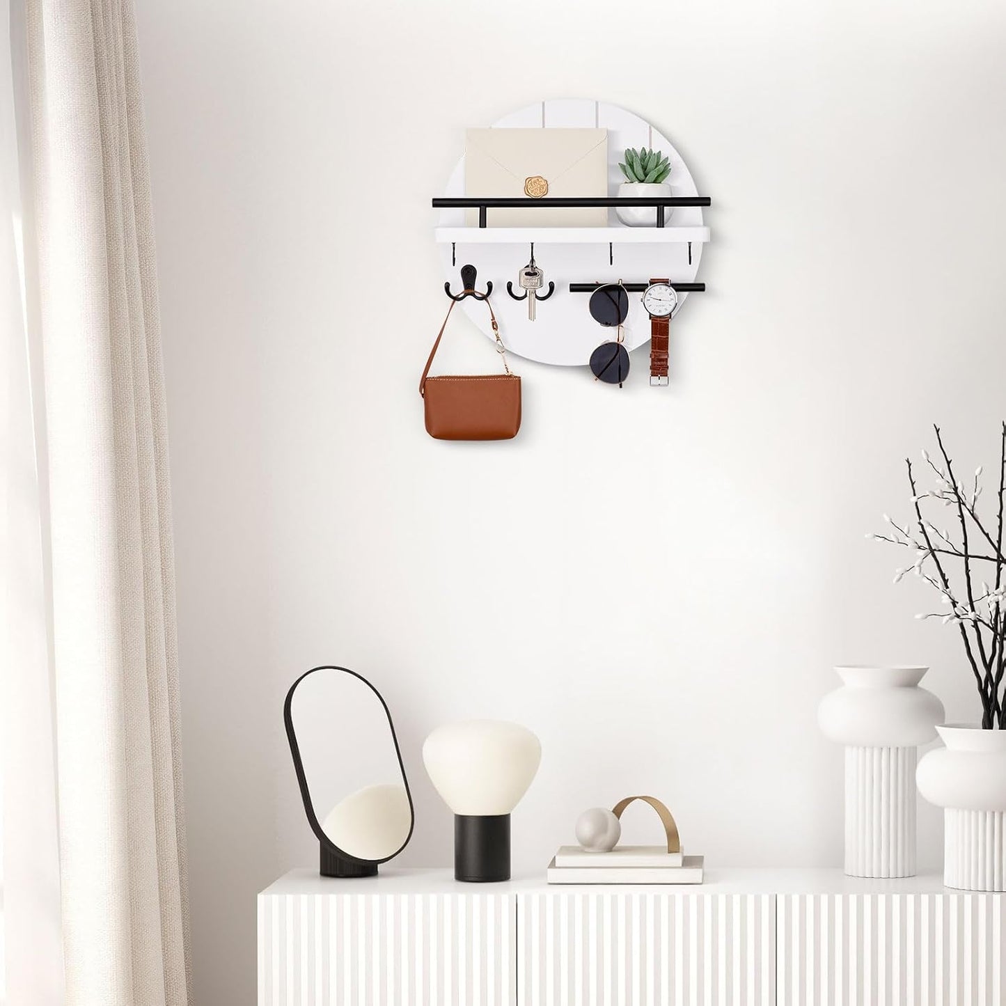 Nekon Key Holder Wall Mount, 11.8 Inch Rack With Shelf and 6 Hooks, Rustic Mail Organizer, Circular Wooden Hanger for Entryway Hallway Kitchen (Brown&Gold)