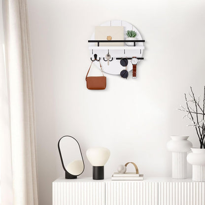 Nekon Key Holder Wall Mount, 11.8 Inch Rack With Shelf and 6 Hooks, Rustic Mail Organizer, Circular Wooden Hanger for Entryway Hallway Kitchen (Brown&Gold)