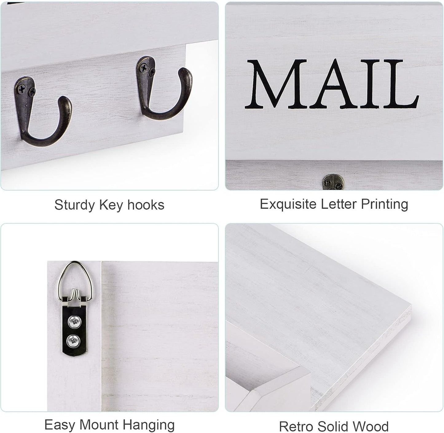DLQuarts Mail Organizer with Key Holder for Wall, Mail Sorter Wall Mounted, Decorative Wooden Key and Mail Holder with 3 Hooks, Black