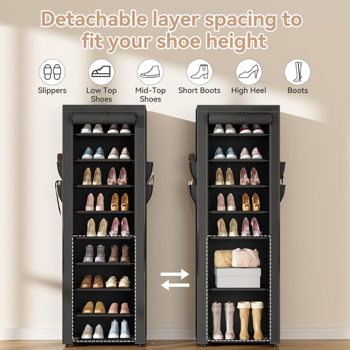 LANTEFUL Shoe Rack with Covers - 10 Tiers Tall Shoe Rack Organizer Large Capacity Shoe Shelf Storage 40 Pairs Space Saving Vertical Shoe Storage Organizer for Closet, Entryway, Dorm, Bedroom
