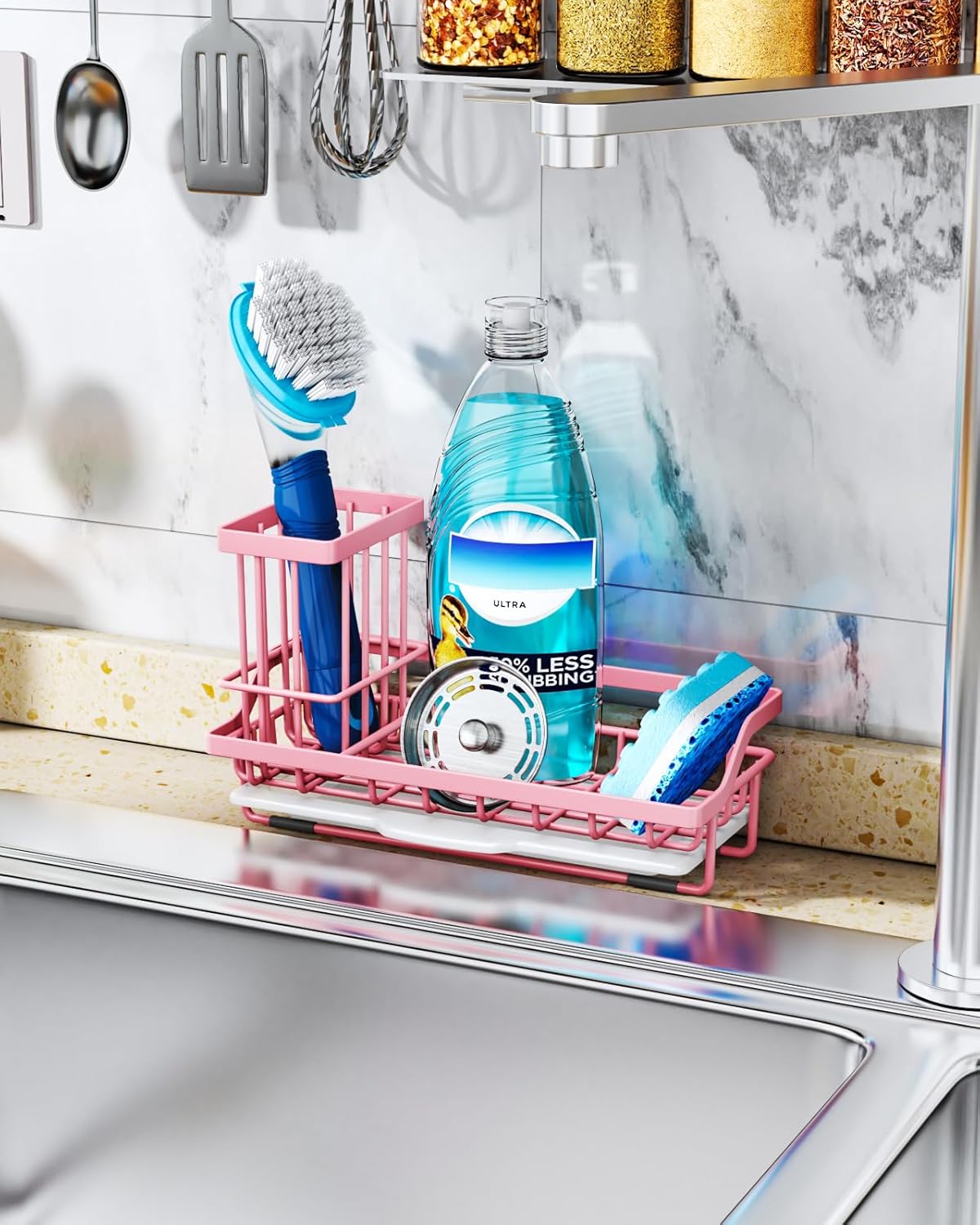 Consumest Sponge Holder for Kitchen Sink - Kitchen Sink Caddy Organizer with Removable Drip Tray for Countertop Dish Soap Dispenser Brush Storage Accessories 304 Stainless Steel - Black