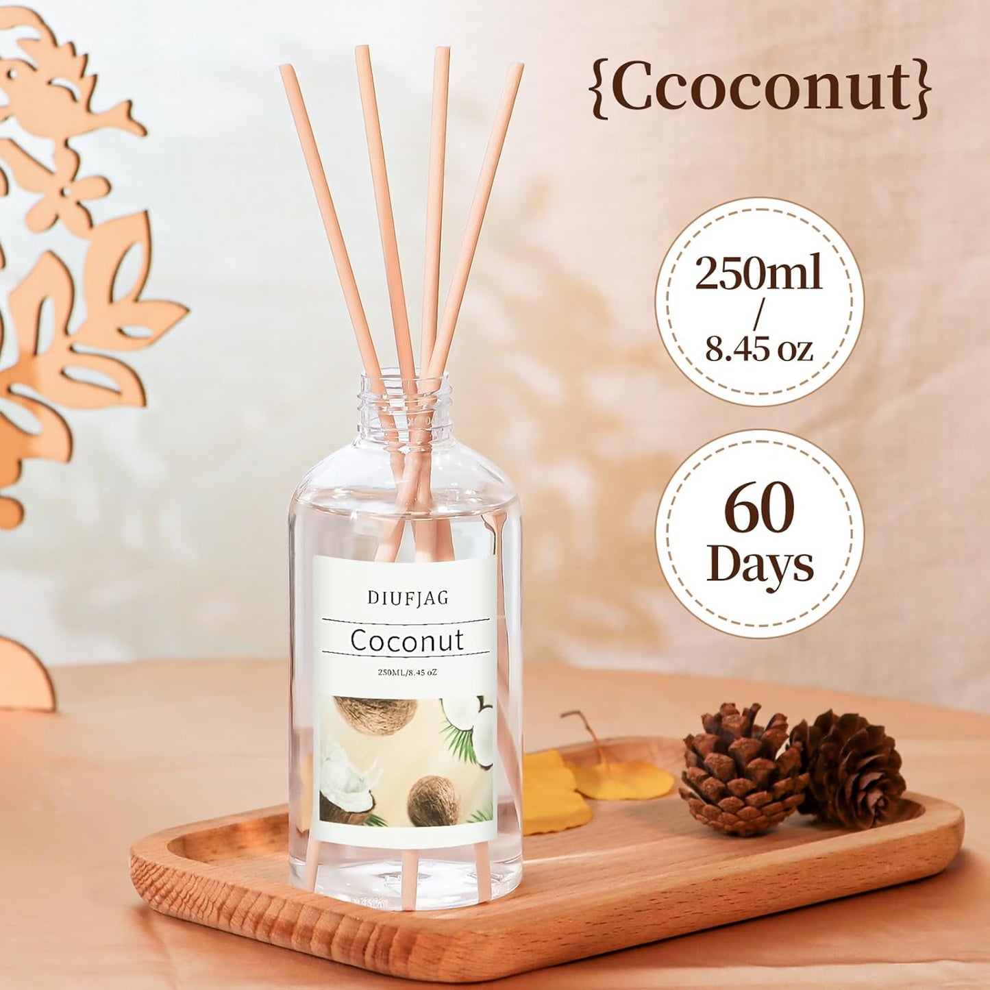 100ml Scent Diffuser with 6 Fiber Sticks, 3.5 oz Reed Diffuser Set Aromatherapy Fragrance Diffusers Air Fresheners for Home Bedroom Bathroom (Coconut)