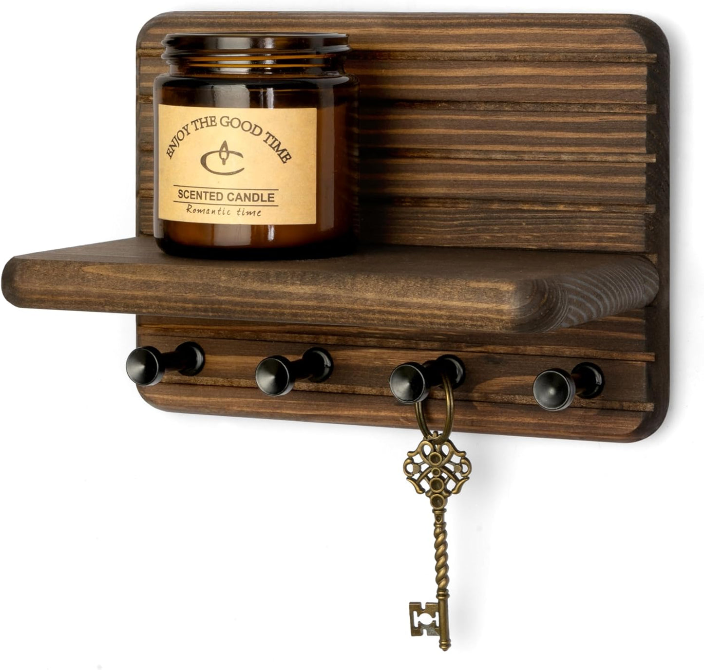Rebee Vision Farmhouse Key Holder Wall Mount for Home Decor – Decorative Pine Wooden Key Holder for Wall with 6 Hooks & Floating Shelf - Rustic Charm for Room Decor Aesthetic (Brown)