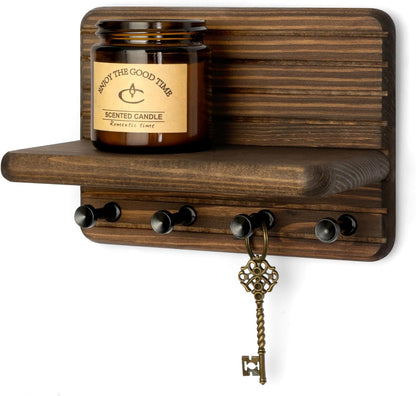 Rebee Vision Farmhouse Key Holder Wall Mount for Home Decor – Decorative Pine Wooden Key Holder for Wall with 6 Hooks & Floating Shelf - Rustic Charm for Room Decor Aesthetic (Brown)
