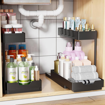 Simple Trending Under Sink Organizer 2 Pack, 2 Tier Cabinet Organizer with Sliding Basket, Multi-Purpose Sink Storage Basket with 4 Hooks for Kitchen Bathroom, Black