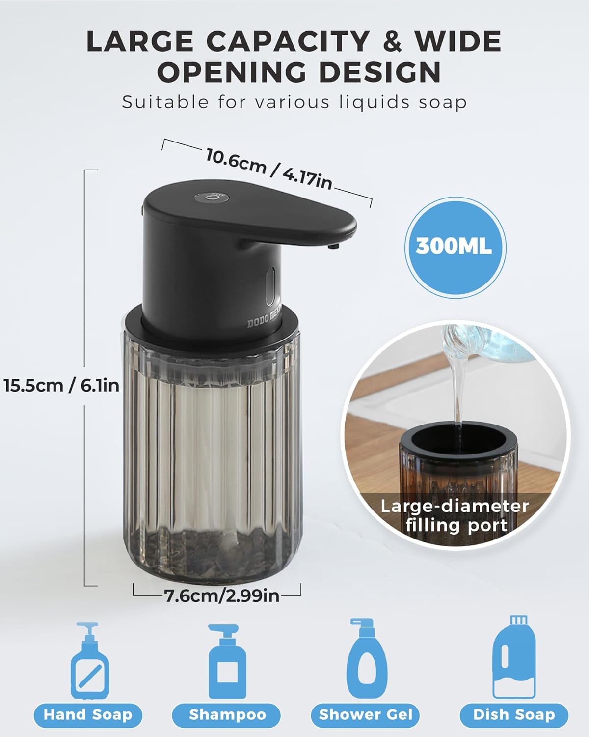 Automatic Foaming Soap Dispenser Touchless, 3 Adjustable Liquid Levels, 10oz/300ml Rechargeable, IPX7 Waterproof for Bathroom, Kitchen, Black