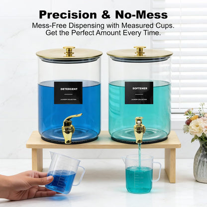 Glass Laundry Detergent Dispenser for Laundry Room Organization-Black | 1 Gallon Large Liquid Soap Dispenser with Black Metal Lid & Leak-Proof Spigot, 1 Measured Cups, 1 Silicone Mats & 9 Labels