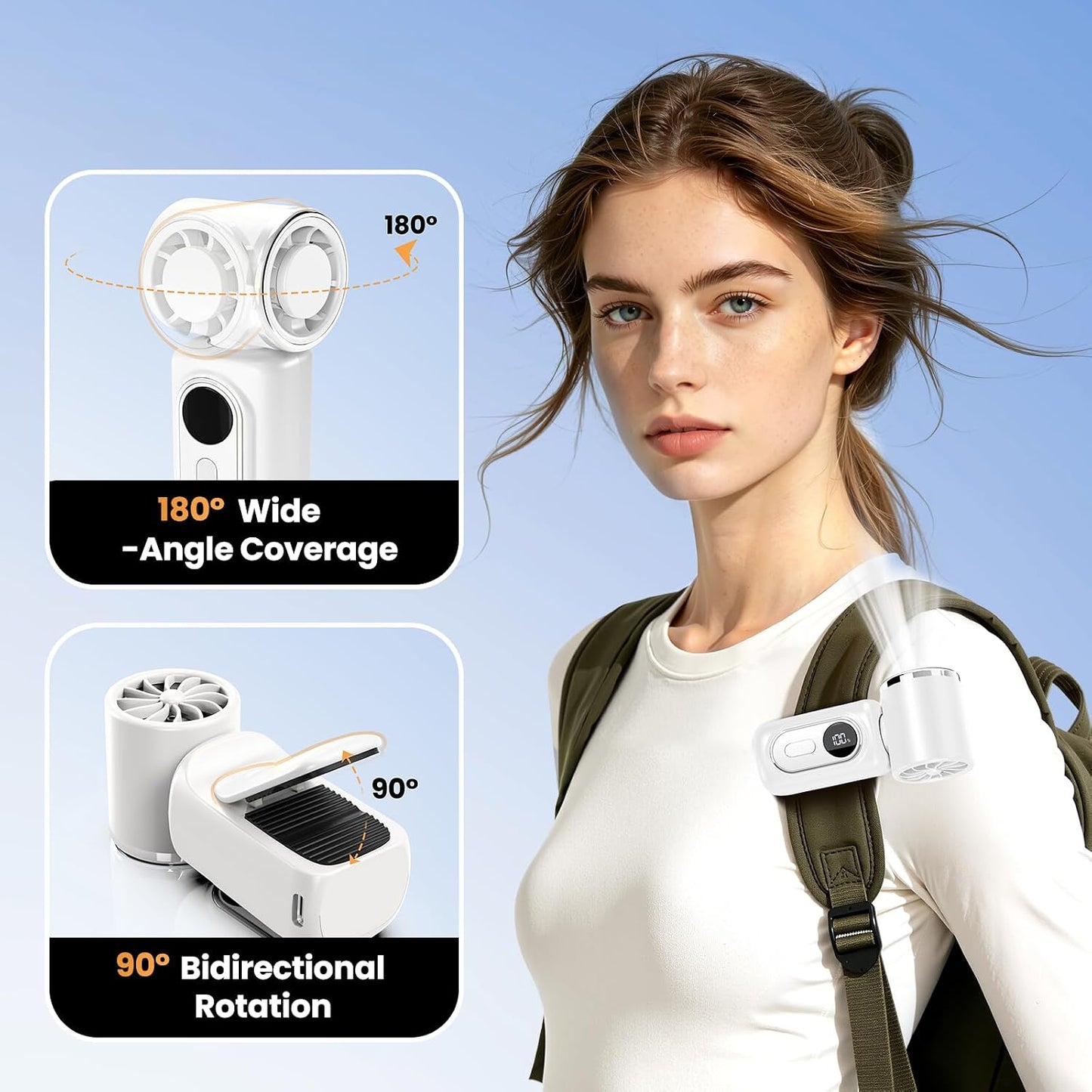 Portable Clip-On Mini Fan 180° Rotating 3000mAh 5-speed | Handheld Mini Fan with LED Display, 14500 RPM Rechargeable Stroller Fan for Travel, Camping, Game day & Office