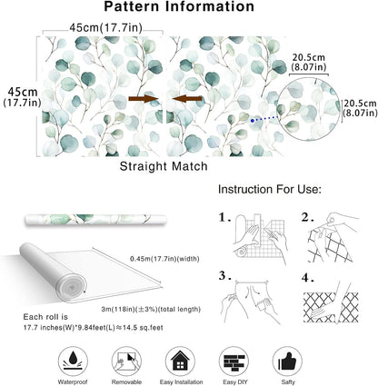 HAOKHOME Peel and Stick Wallpaper Boho Green/White Botanical Leaf Floral Wall Mural Home Nursery Decor Renter Friendly Wallpaper 17.3in x 9.8ft