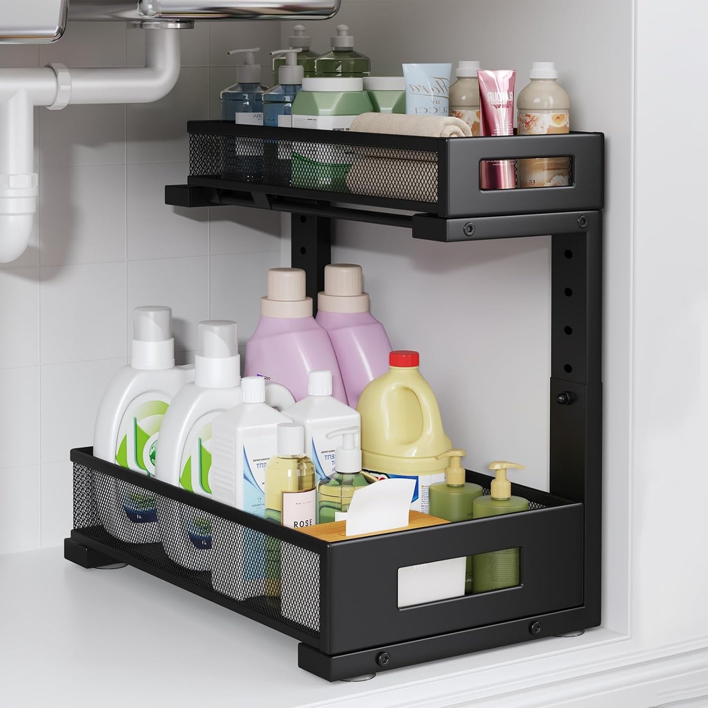 2-Pack Under Sink Storage Organizer, Large 2-Tier Elegant Mesh Pull Out Shelf for Kitchen and Bathroom Cabinet Organization, L-Shaped and Adjustable Height Design,Patent Pending-Black