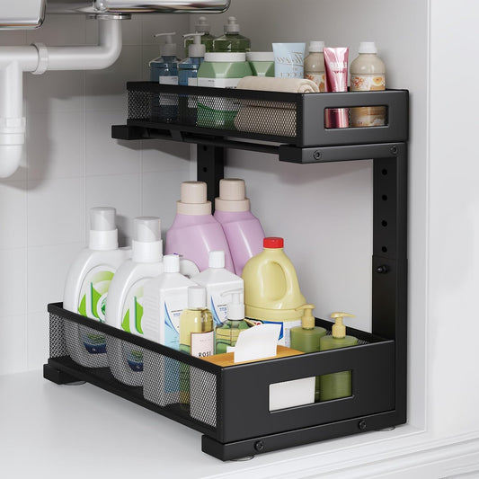 2-Pack Under Sink Storage Organizer, Large 2-Tier Elegant Mesh Pull Out Shelf for Kitchen and Bathroom Cabinet Organization, L-Shaped and Adjustable Height Design,Patent Pending-Black