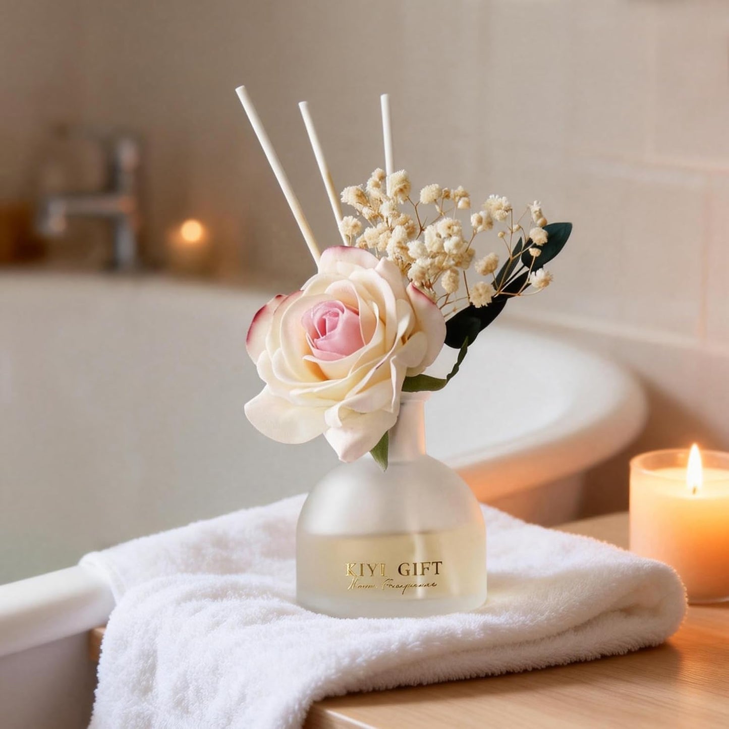Reed Diffuser Set,4.06 oz Scent Flower Diffuser with 6 Sticks,Home Fragrance,Reed Diffuser for Bathroom Shelf Decor (Jasmine Rose)
