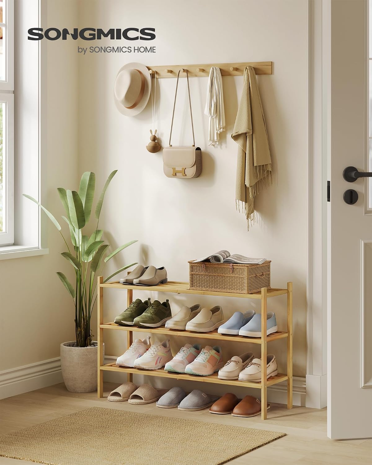 SONGMICS Bamboo Shoe Rack for Closet, Stackable Shoe Oragnizer with Modular Structure, Space-Saving Free Standing Shelf for Entryway Bedroom, 2-Tier, Holds 9-12 Pairs, Natural Color ULBS052YL01