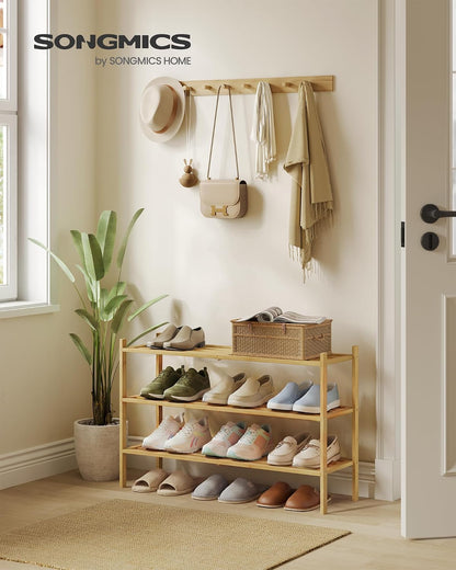 SONGMICS Bamboo Shoe Rack for Closet, Stackable Shoe Oragnizer with Modular Structure, Space-Saving Free Standing Shelf for Entryway Bedroom, 2-Tier, Holds 9-12 Pairs, Natural Color ULBS052YL01