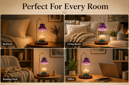 Candle Warmer Lamp with Timer, Dimmer, Vintage Glass Shade | Adjustable height, 2/4/8-hour timer, wood base, 2 bulbs included