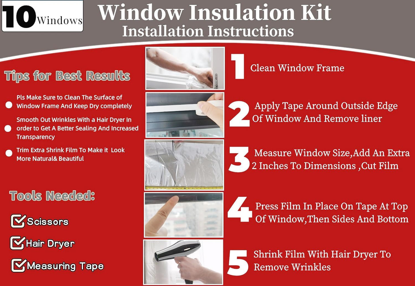 10-Window Shrink Film Window Insulation kit（62-Inch x 420-Inch），Insulating Film Window Kit Keeps Cold Air Out and Warm Air in (10 Windows)