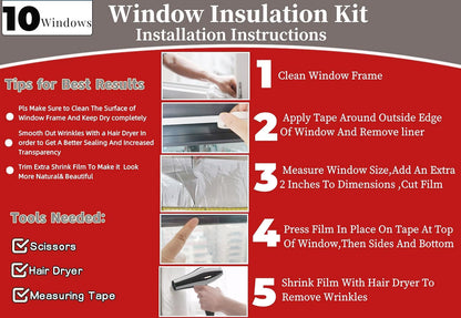 Insulating Film Window Kit to Keep Cold Out Window Shrink Film Insulator Kit (5 Windows)